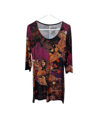 Womens Mini Dress Fall Tones 3/4 Sleeve Medium Citi Life Scoop Neck Floral